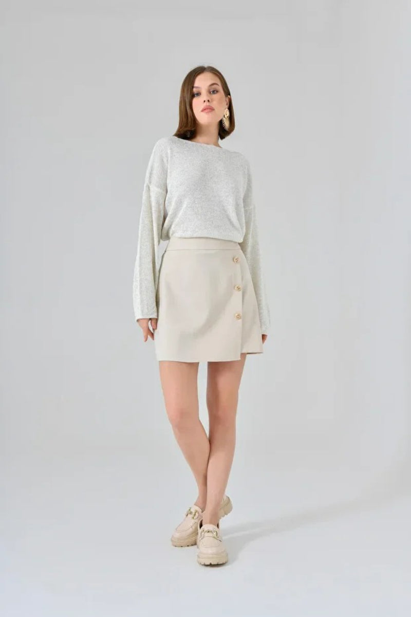Cream Button-Front Mini Skirt