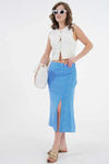 Plain Blue Midi Woven Skirt with Slit Detail