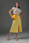 Plain Yellow Midi Woven Skirt with Slit Detail
