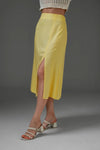 Plain Yellow Midi Woven Skirt with Slit Detail