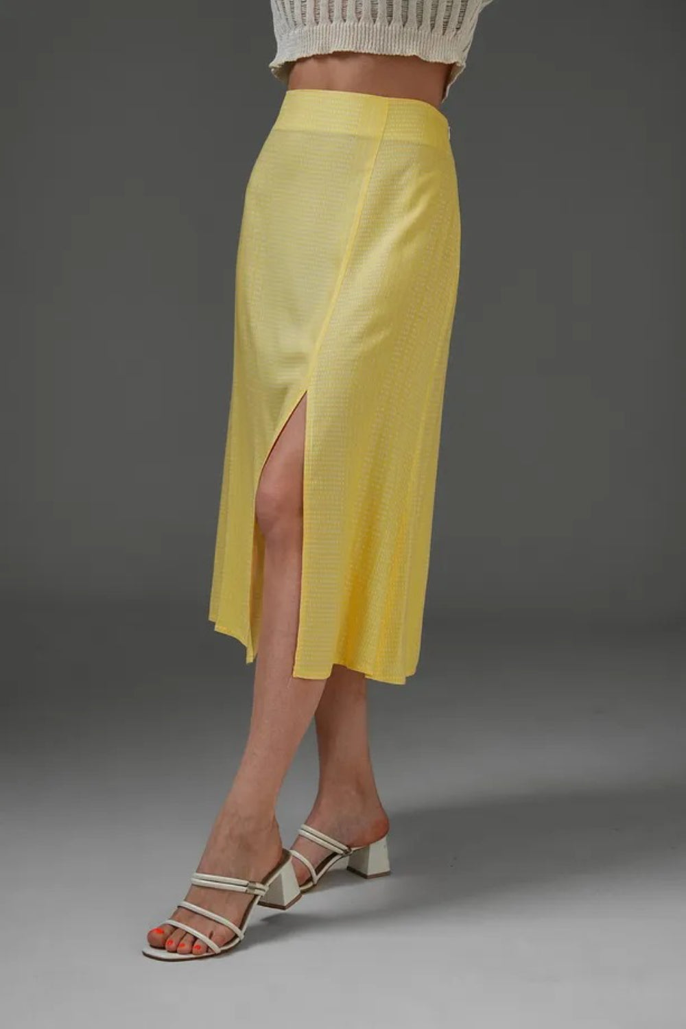 Plain Yellow Midi Woven Skirt with Slit Detail