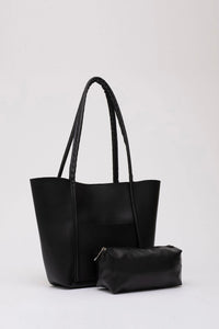 Large Faux Leather Tote & Shoulder Bag with Front Pocket, Snap Closure, and Matching Makeup Pouch