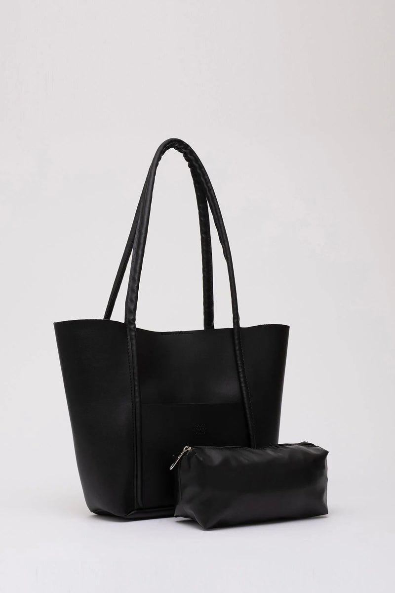 Large Faux Leather Tote & Shoulder Bag with Front Pocket, Snap Closure, and Matching Makeup Pouch