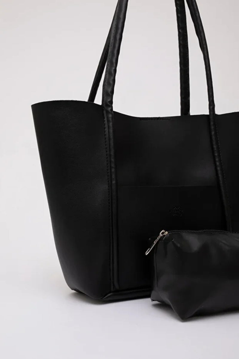 Large Faux Leather Tote & Shoulder Bag with Front Pocket, Snap Closure, and Matching Makeup Pouch