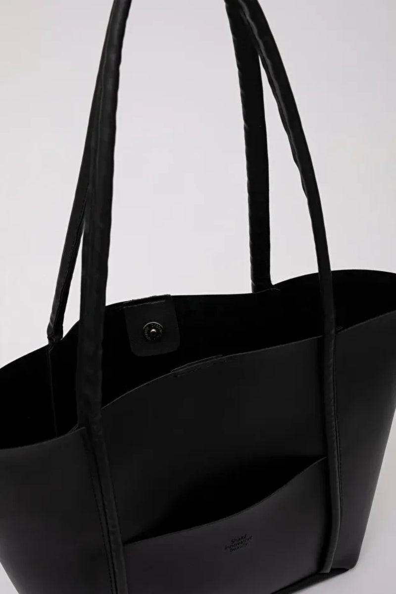 Large Faux Leather Tote & Shoulder Bag with Front Pocket, Snap Closure, and Matching Makeup Pouch