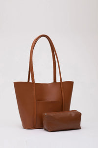 Large Faux Leather Tote & Shoulder Bag with Front Pocket, Snap Closure, and Matching Makeup Pouch