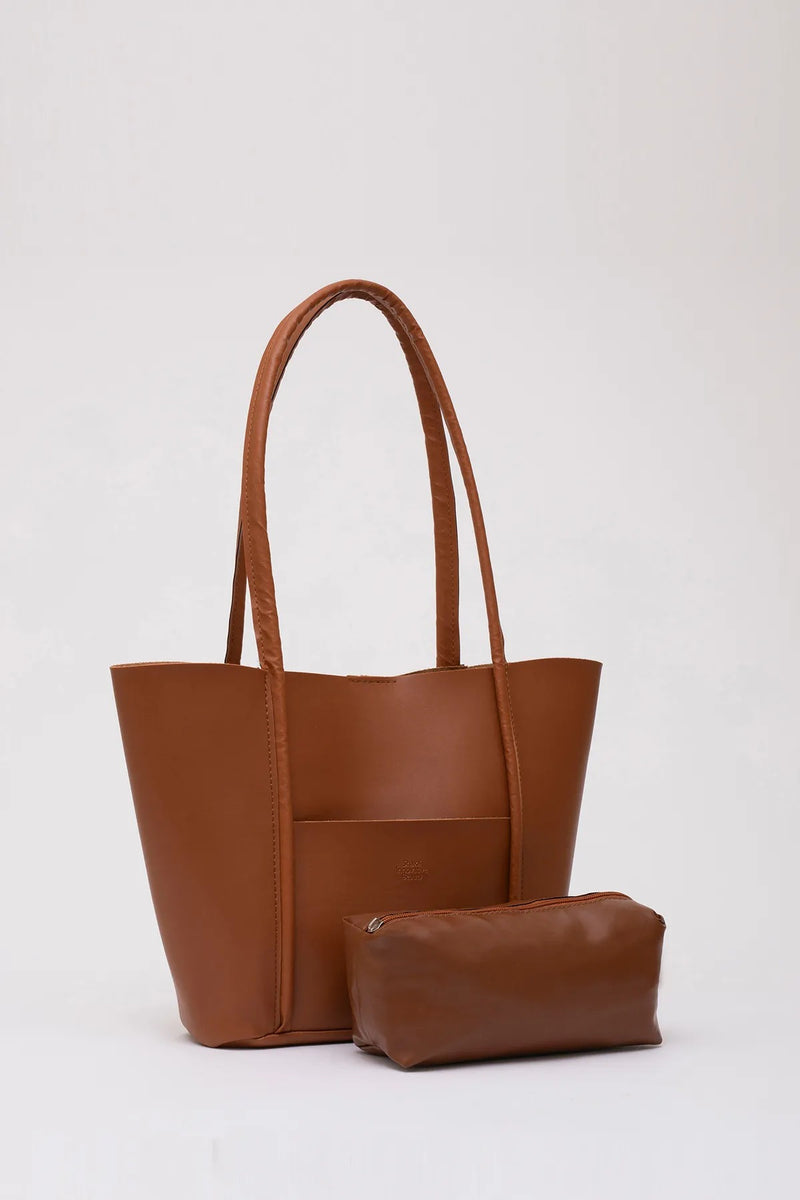 Large Faux Leather Tote & Shoulder Bag with Front Pocket, Snap Closure, and Matching Makeup Pouch