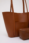 Large Faux Leather Tote & Shoulder Bag with Front Pocket, Snap Closure, and Matching Makeup Pouch