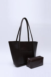 Large Faux Leather Tote & Shoulder Bag with Front Pocket, Snap Closure, and Matching Makeup Pouch