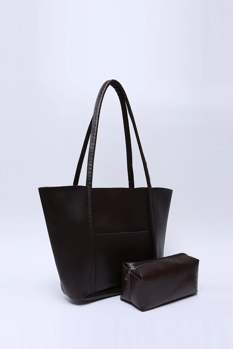 Large Faux Leather Tote & Shoulder Bag with Front Pocket, Snap Closure, and Matching Makeup Pouch