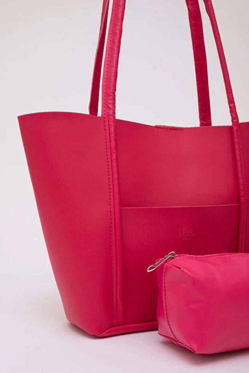 Large Faux Leather Tote & Shoulder Bag with Front Pocket, Snap Closure, and Matching Makeup Pouch