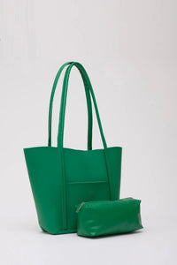 Large Faux Leather Tote & Shoulder Bag with Front Pocket, Snap Closure, and Matching Makeup Pouch