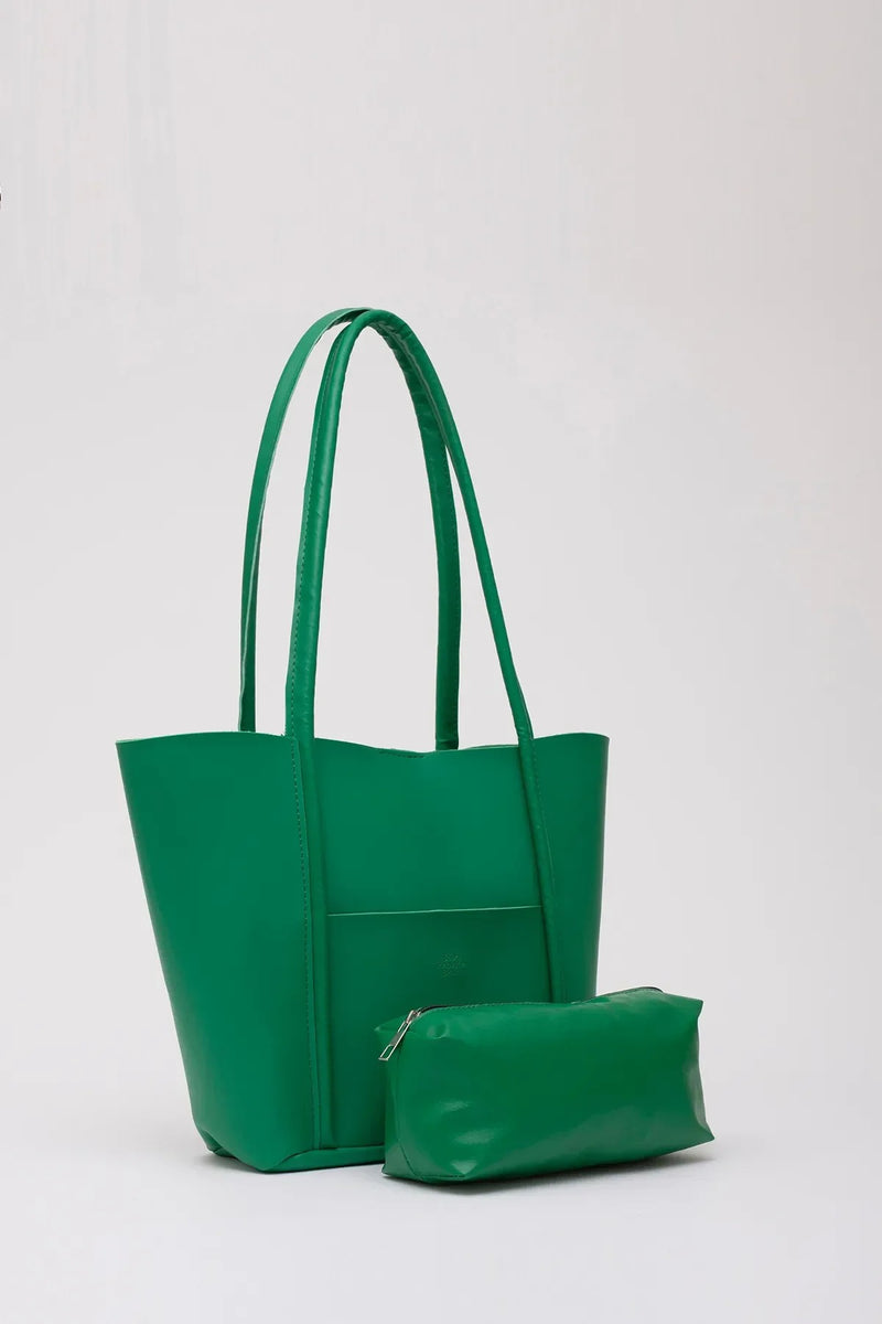 Large Faux Leather Tote & Shoulder Bag with Front Pocket, Snap Closure, and Matching Makeup Pouch