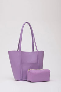 Large Faux Leather Tote & Shoulder Bag with Front Pocket, Snap Closure, and Matching Makeup Pouch