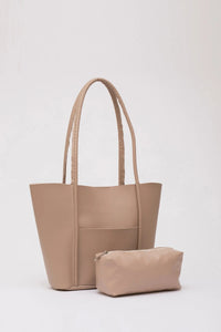 Large Faux Leather Tote & Shoulder Bag with Front Pocket, Snap Closure, and Matching Makeup Pouch