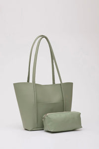 Large Faux Leather Tote & Shoulder Bag with Front Pocket, Snap Closure, and Matching Makeup Pouch