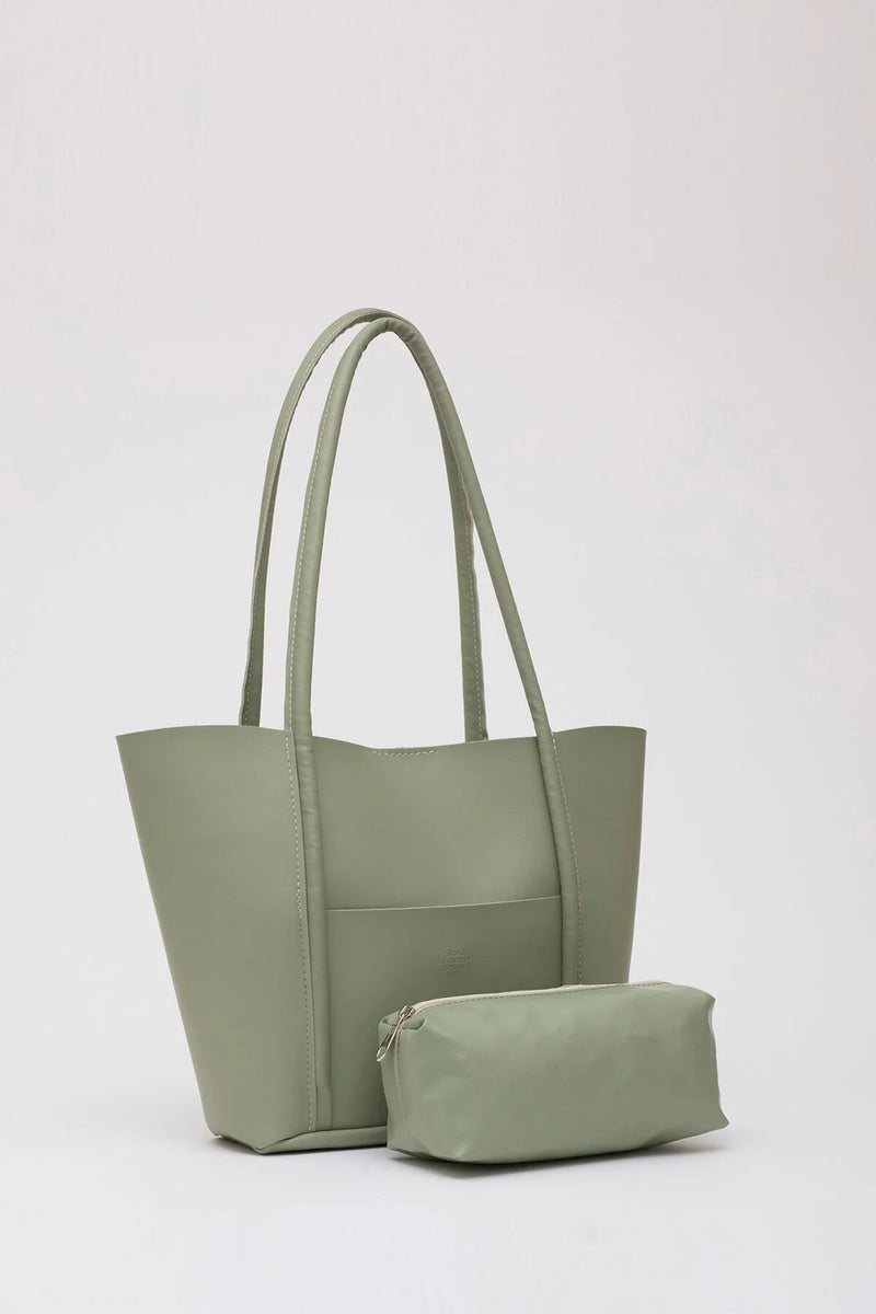 Large Faux Leather Tote & Shoulder Bag with Front Pocket, Snap Closure, and Matching Makeup Pouch
