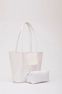 Large Faux Leather Tote & Shoulder Bag with Front Pocket, Snap Closure, and Matching Makeup Pouch