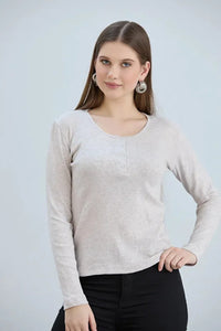 Beige Ribbed Snap-Button Neck Long-Sleeve Blouse