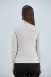 Beige Ribbed Snap-Button Neck Long-Sleeve Blouse