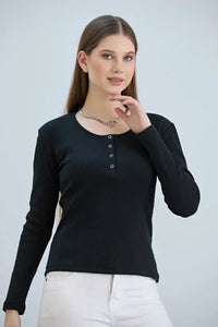 Black Ribbed Snap-Button Neck Long-Sleeve Blouse