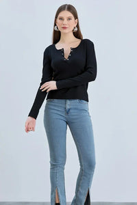 Black Ribbed Snap-Button Neck Long-Sleeve Blouse