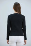 Black Ribbed Snap-Button Neck Long-Sleeve Blouse
