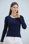 Navy Ribbed Snap-Button Neck Long-Sleeve Blouse
