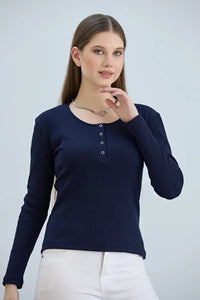 Navy Ribbed Snap-Button Neck Long-Sleeve Blouse