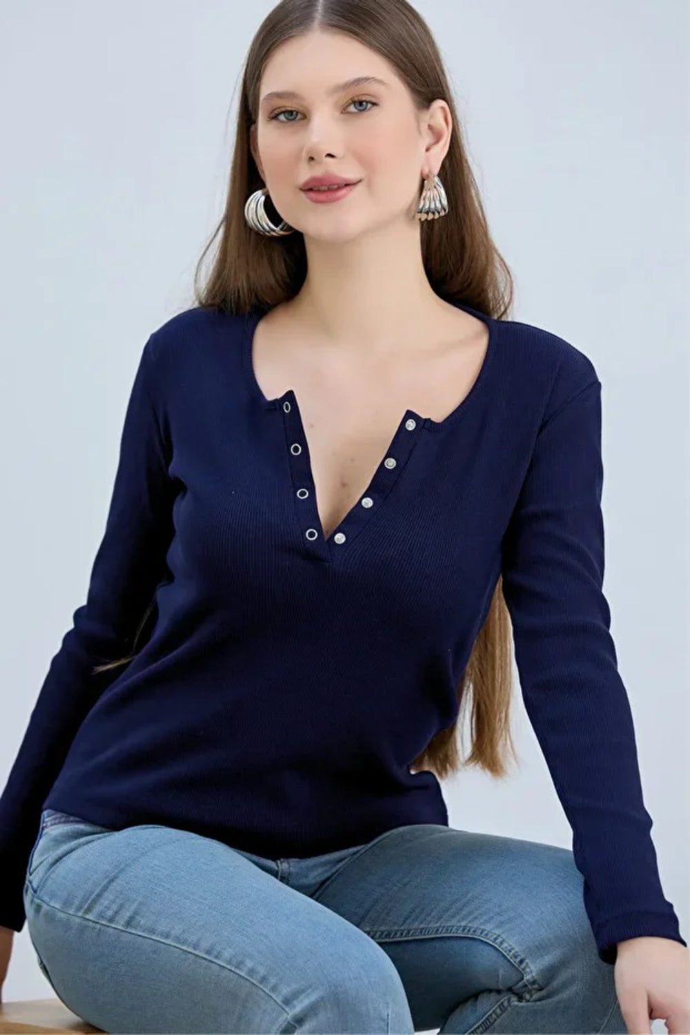 Navy Ribbed Snap-Button Neck Long-Sleeve Blouse