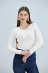 White Ribbed Snap-Button Neck Long-Sleeve Blouse