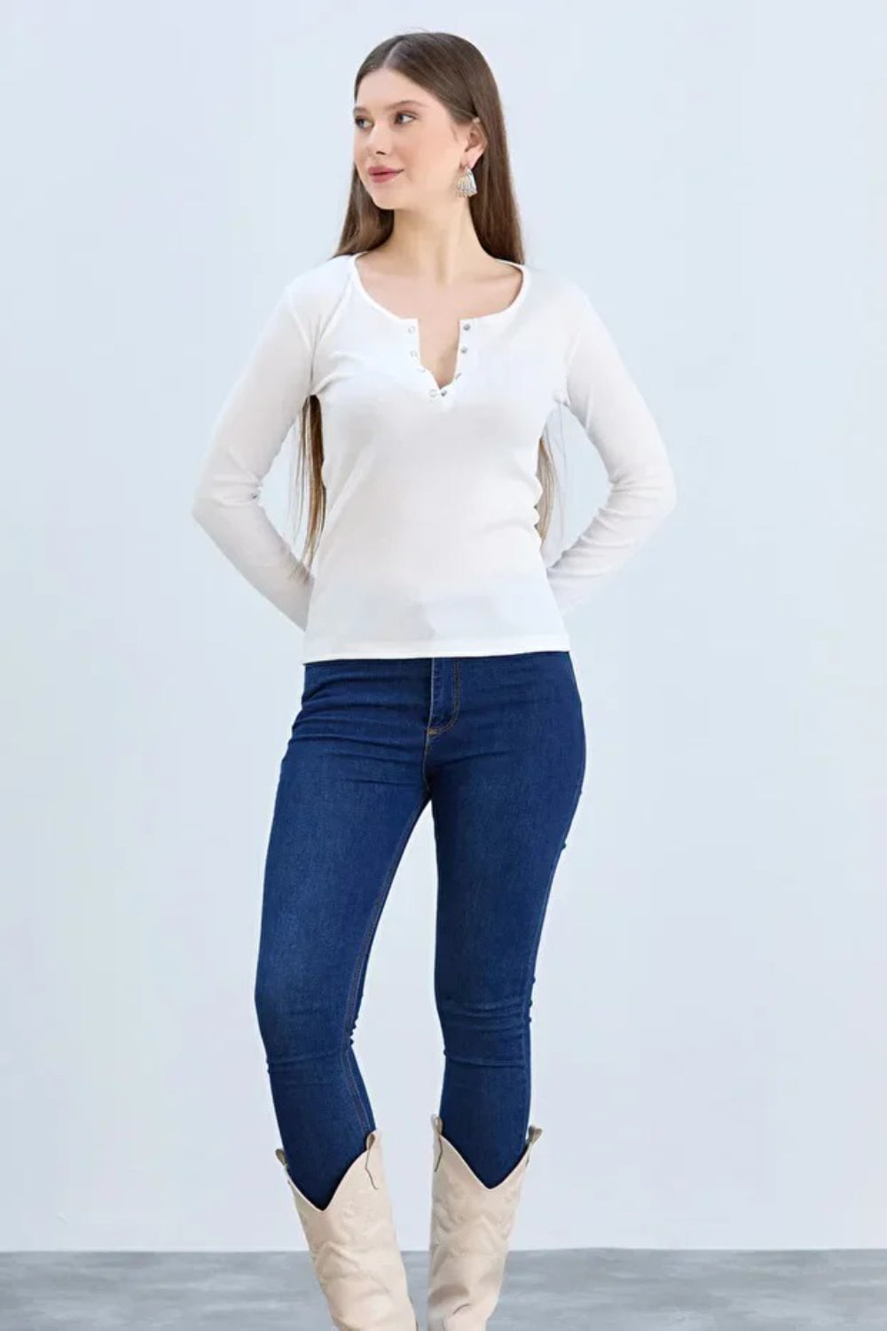 White Ribbed Snap-Button Neck Long-Sleeve Blouse