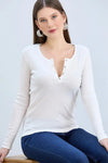 White Ribbed Snap-Button Neck Long-Sleeve Blouse