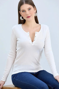 White Ribbed Snap-Button Neck Long-Sleeve Blouse