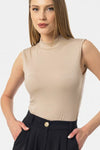 Beige Sleeveless High-Neck Bodysuit Blouse