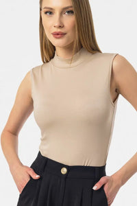 Beige Sleeveless High-Neck Bodysuit Blouse