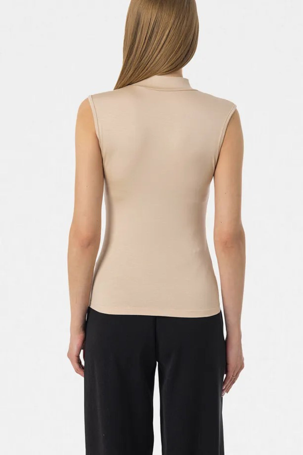 Beige Sleeveless High-Neck Bodysuit Blouse