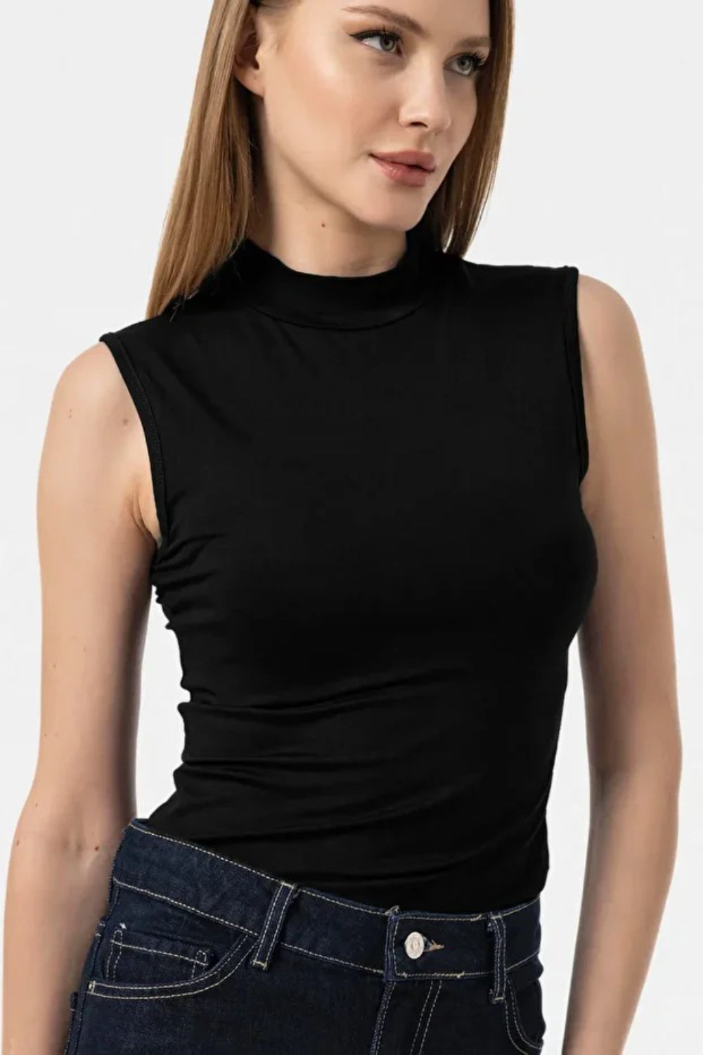 Black Sleeveless High-Neck Bodysuit Blouse
