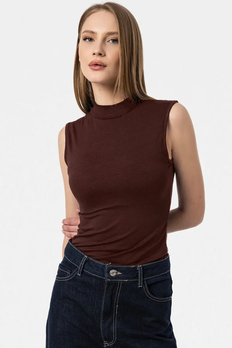 Brown Sleeveless High-Neck Bodysuit Blouse
