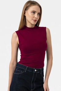 Burgundy Sleeveless High-Neck Bodysuit Blouse