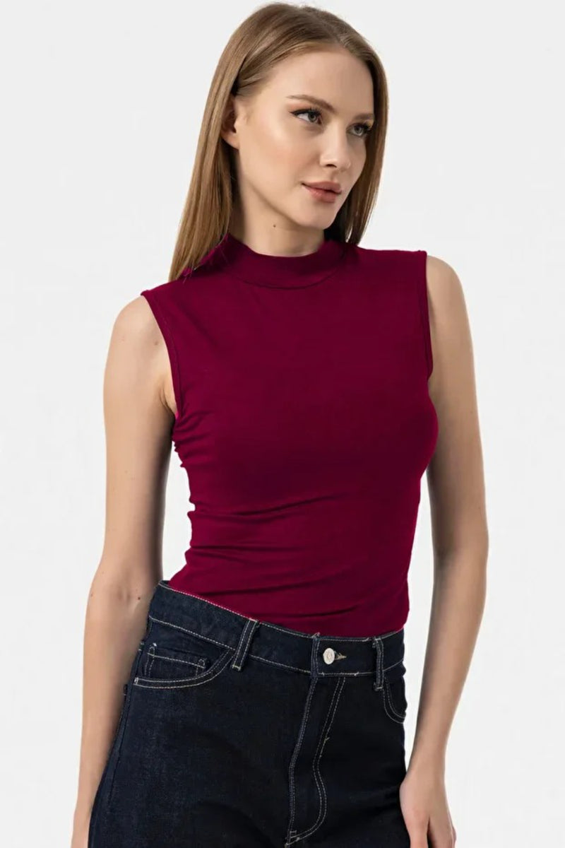 Burgundy Sleeveless High-Neck Bodysuit Blouse
