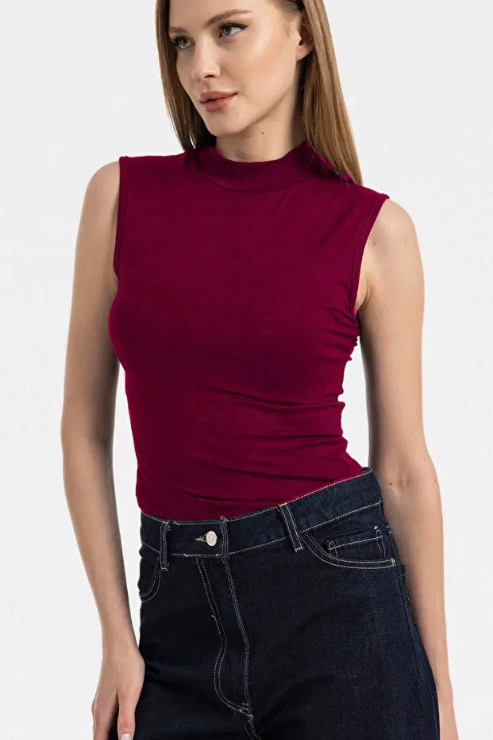Burgundy Sleeveless High-Neck Bodysuit Blouse