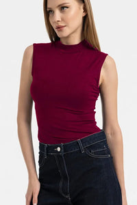 Burgundy Sleeveless High-Neck Bodysuit Blouse