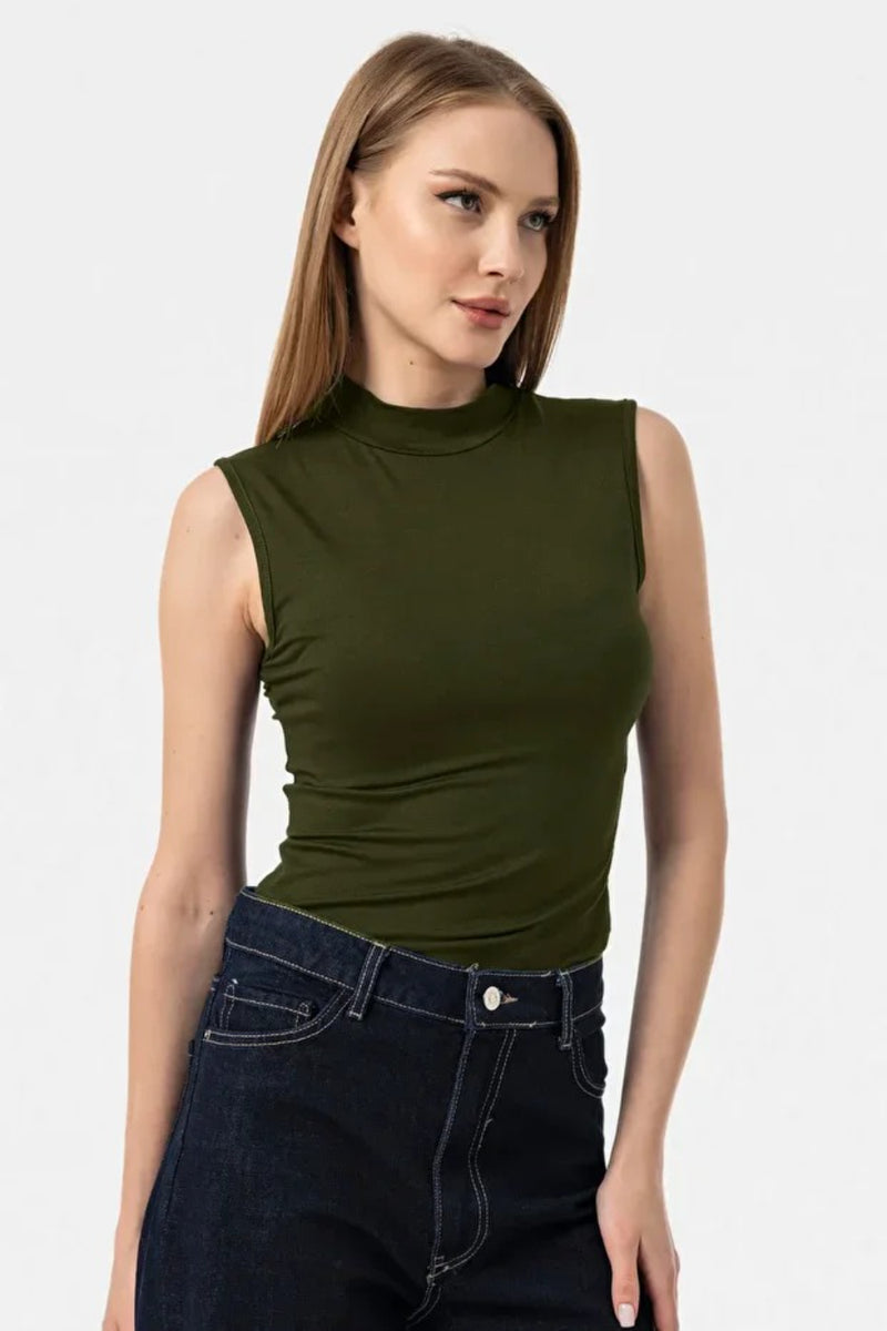 Khaki Sleeveless High-Neck Bodysuit Blouse