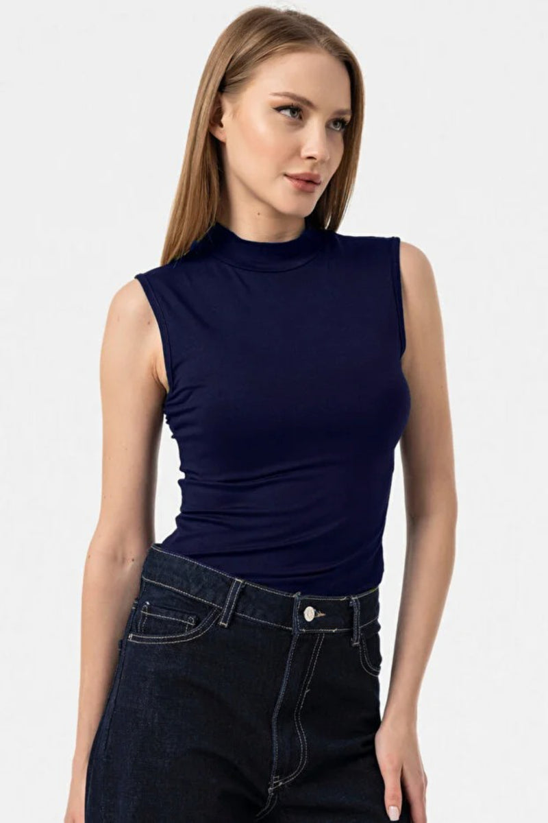 Navy Sleeveless High-Neck Bodysuit Blouse