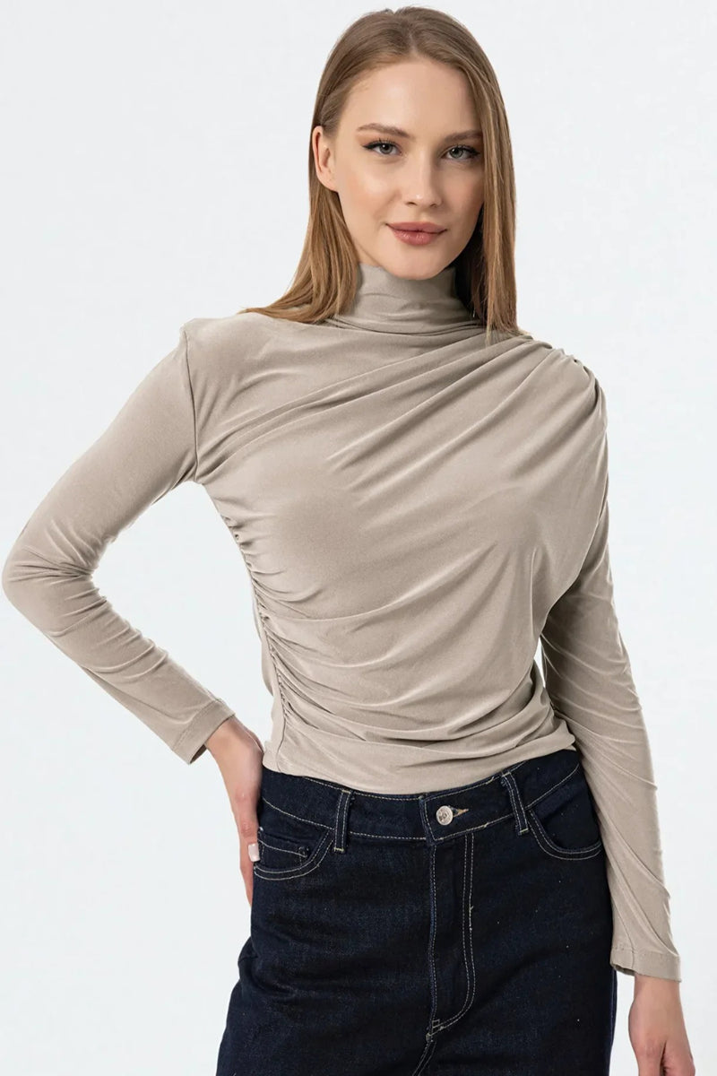 Beige Ruched High-Neck Sandy Blouse
