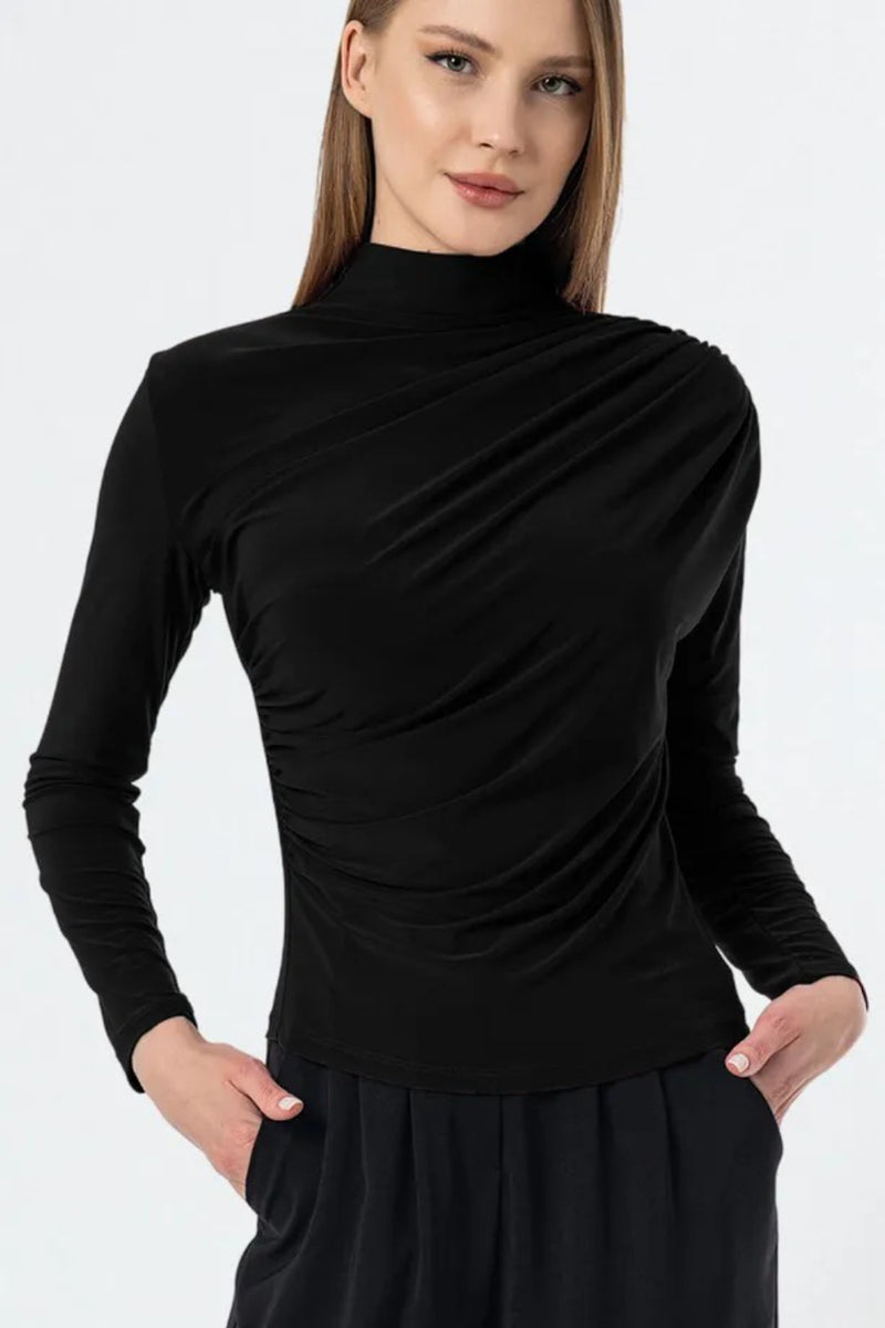 Black Ruched High-Neck Sandy Blouse