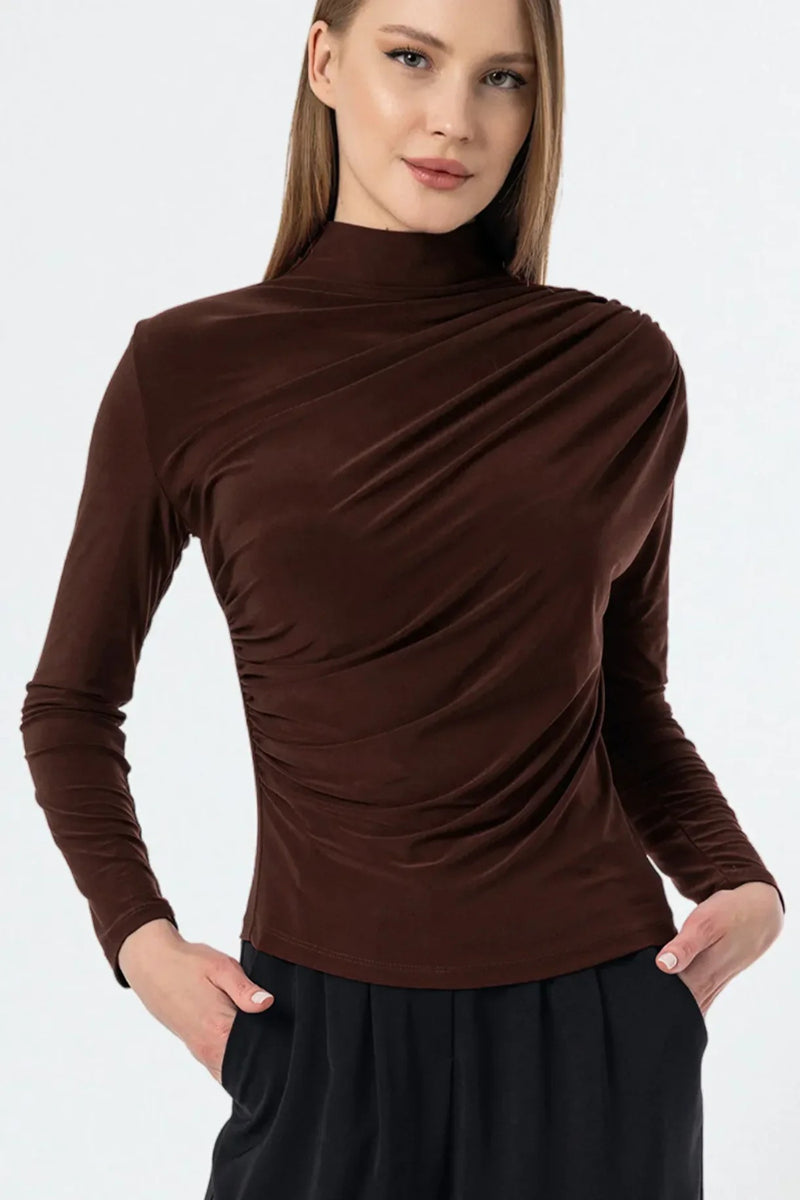 Brown Ruched High-Neck Sandy Blouse