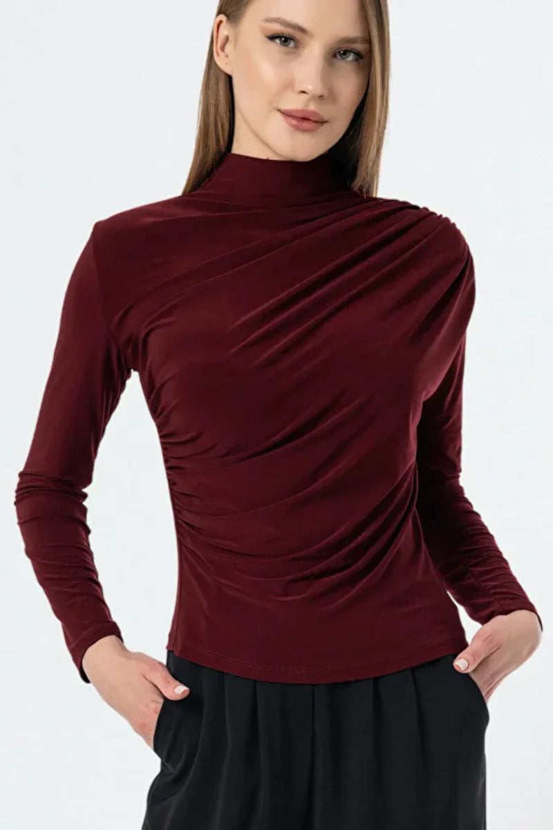 Burgundy Ruched High-Neck Sandy Blouse