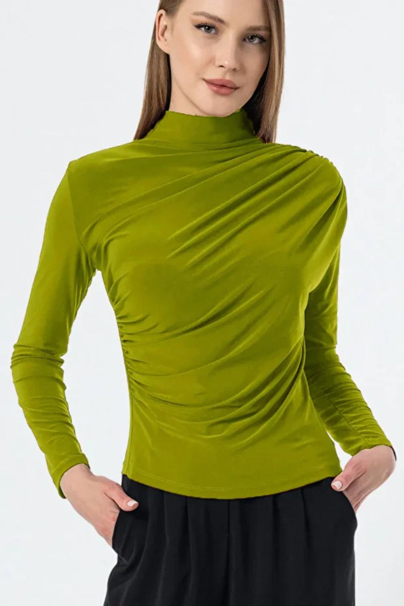 Green Ruched High-Neck Sandy Blouse